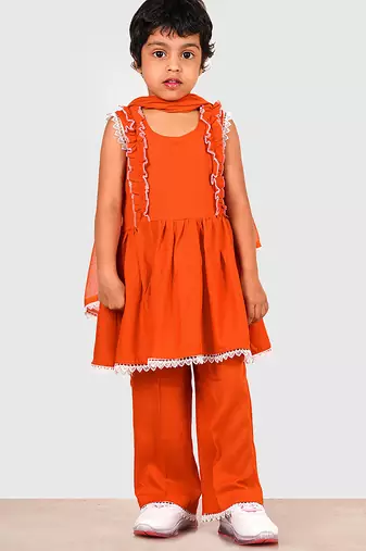 Orange lace rayon flared kurta pant with chiffon dupatta set