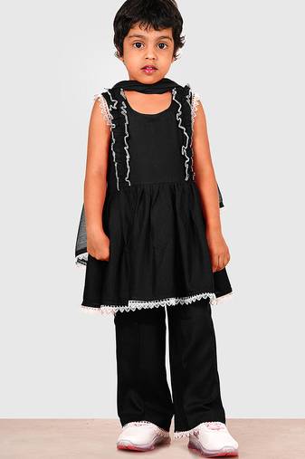 Black lace rayon flared kurta pant with chiffon dupatta set