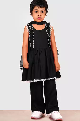 Black lace rayon flared kurta pant with chiffon dupatta set