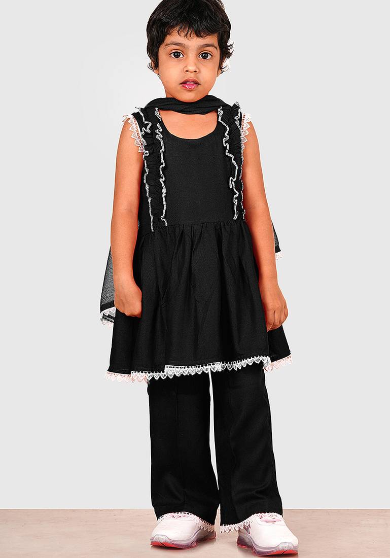 Black lace rayon flared kurta pant with chiffon dupatta set