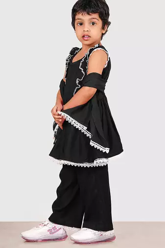 Black lace rayon flared kurta pant with chiffon dupatta set