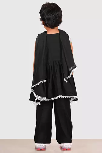 Black lace rayon flared kurta pant with chiffon dupatta set