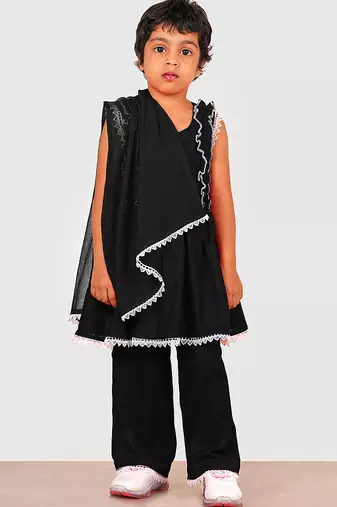 Black lace rayon flared kurta pant with chiffon dupatta set