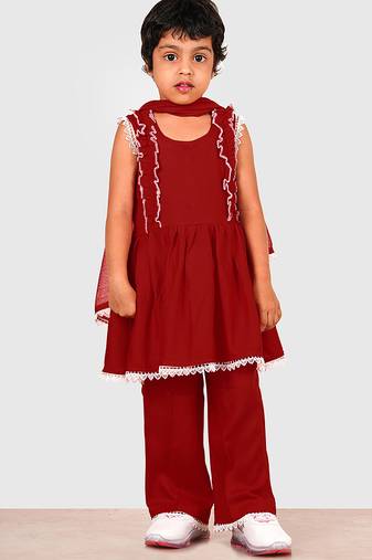 Maroon lace rayon flared kurta pant with chiffon dupatta set