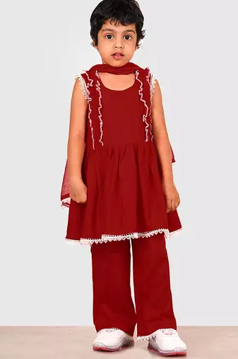 Maroon lace rayon flared kurta pant with chiffon dupatta set