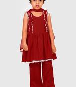Maroon lace rayon flared kurta pant with chiffon dupatta set