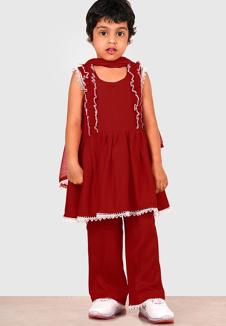 Maroon lace rayon flared kurta pant with chiffon dupatta set