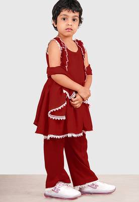 Maroon lace rayon flared kurta pant with chiffon dupatta set 2