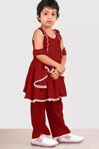 Maroon lace rayon flared kurta pant with chiffon dupatta set