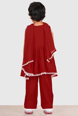 Maroon lace rayon flared kurta pant with chiffon dupatta set 3