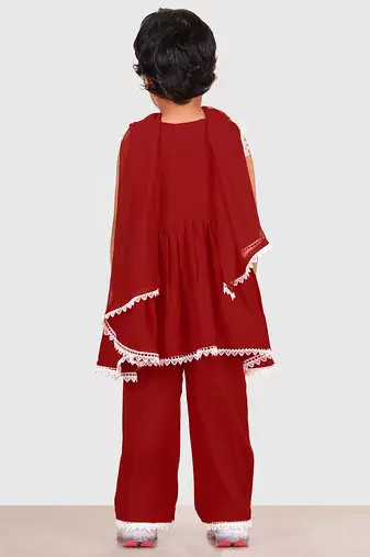 Maroon lace rayon flared kurta pant with chiffon dupatta set