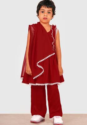 Maroon lace rayon flared kurta pant with chiffon dupatta set 4