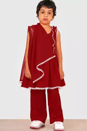 Maroon lace rayon flared kurta pant with chiffon dupatta set