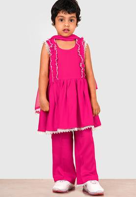 Pink lace rayon flared kurta pant with chiffon dupatta set 1