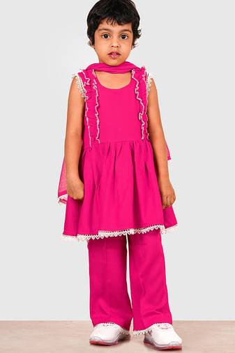 Pink lace rayon flared kurta pant with chiffon dupatta set