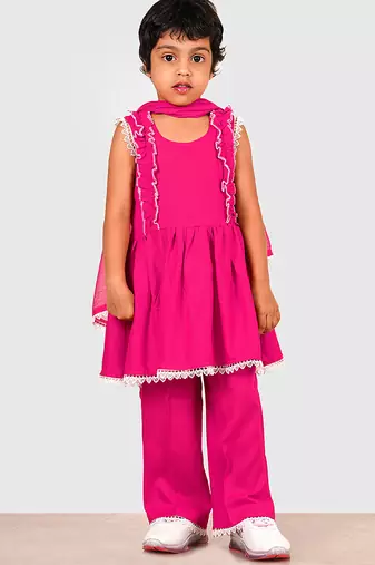Pink lace rayon flared kurta pant with chiffon dupatta set