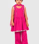 Pink lace rayon flared kurta pant with chiffon dupatta set