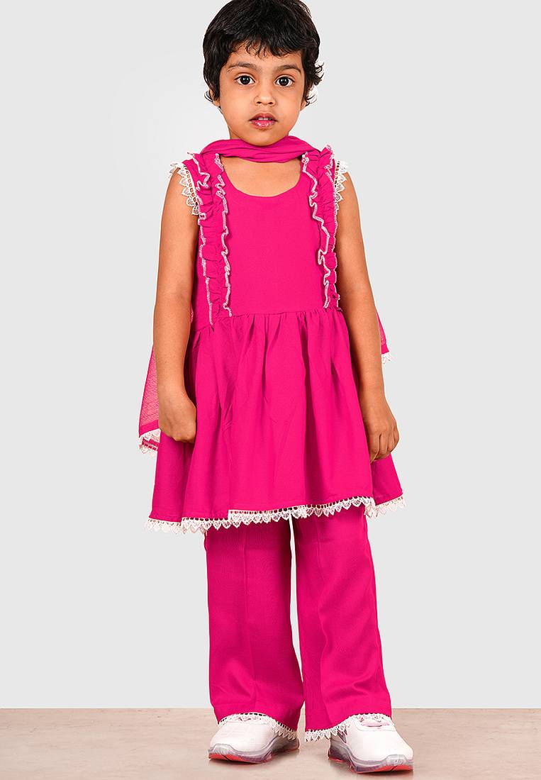 Pink lace rayon flared kurta pant with chiffon dupatta set