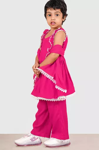Pink lace rayon flared kurta pant with chiffon dupatta set