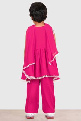 Pink lace rayon flared kurta pant with chiffon dupatta set 3