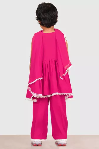 Pink lace rayon flared kurta pant with chiffon dupatta set