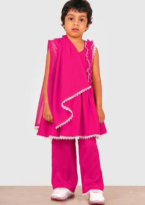 Pink lace rayon flared kurta pant with chiffon dupatta set 4