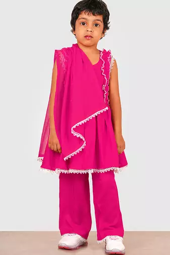 Pink lace rayon flared kurta pant with chiffon dupatta set