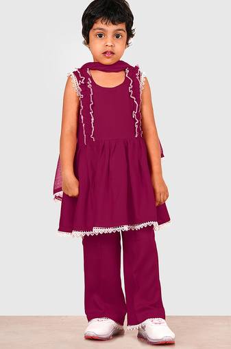 Purple lace rayon flared kurta pant with chiffon dupatta set