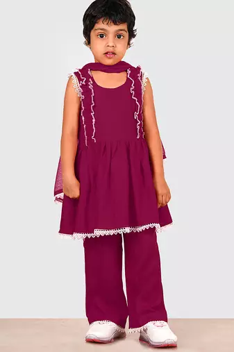 Purple lace rayon flared kurta pant with chiffon dupatta set