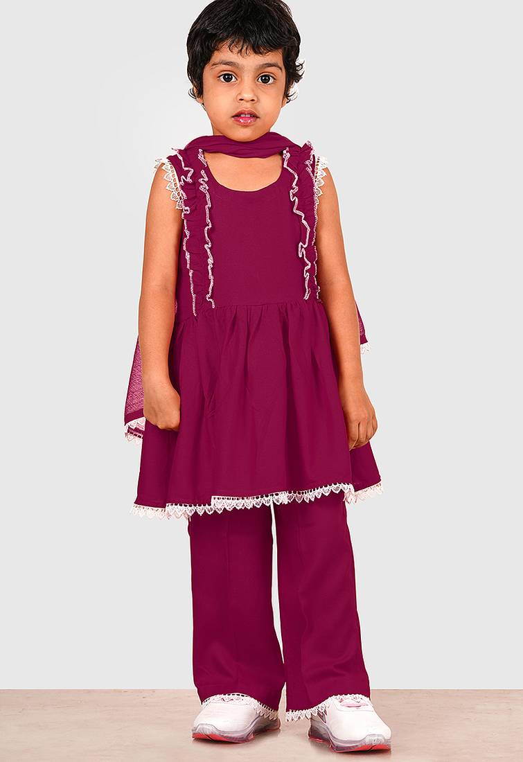Purple lace rayon flared kurta pant with chiffon dupatta set