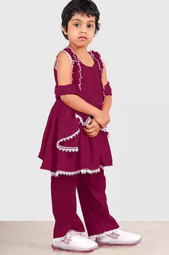 Purple lace rayon flared kurta pant with chiffon dupatta set