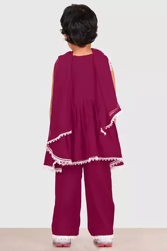 Purple lace rayon flared kurta pant with chiffon dupatta set