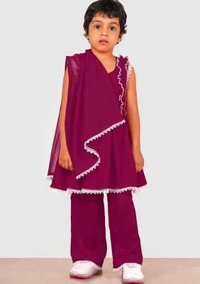 Purple lace rayon flared kurta pant with chiffon dupatta set 4