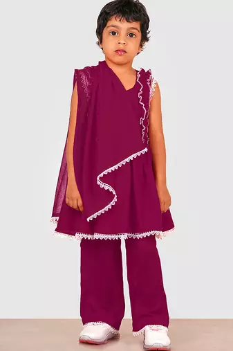 Purple lace rayon flared kurta pant with chiffon dupatta set