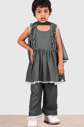 Grey lace rayon flared kurta pant with chiffon dupatta set