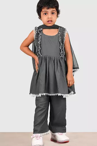 Grey lace rayon flared kurta pant with chiffon dupatta set