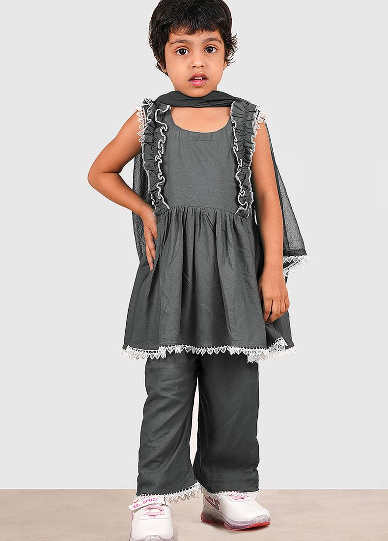 Grey lace rayon flared kurta pant with chiffon dupatta set