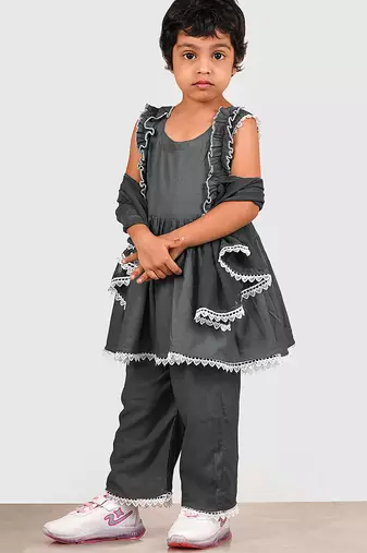 Grey lace rayon flared kurta pant with chiffon dupatta set
