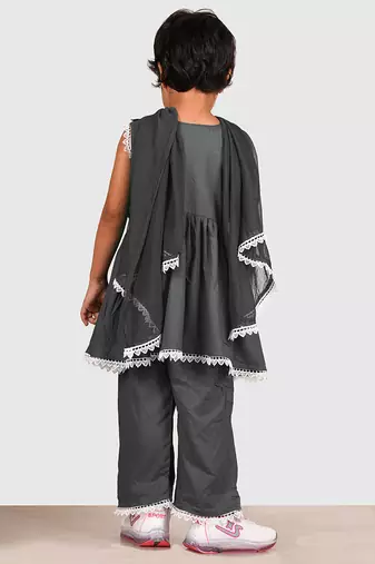 Grey lace rayon flared kurta pant with chiffon dupatta set