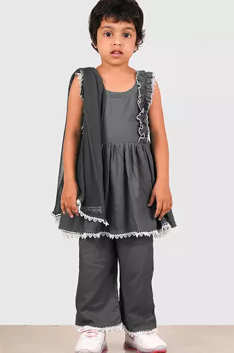 Grey lace rayon flared kurta pant with chiffon dupatta set