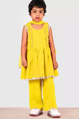 Yellow lace rayon flared kurta pant with chiffon dupatta set