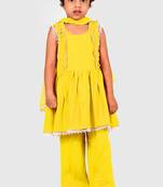 Yellow lace rayon flared kurta pant with chiffon dupatta set