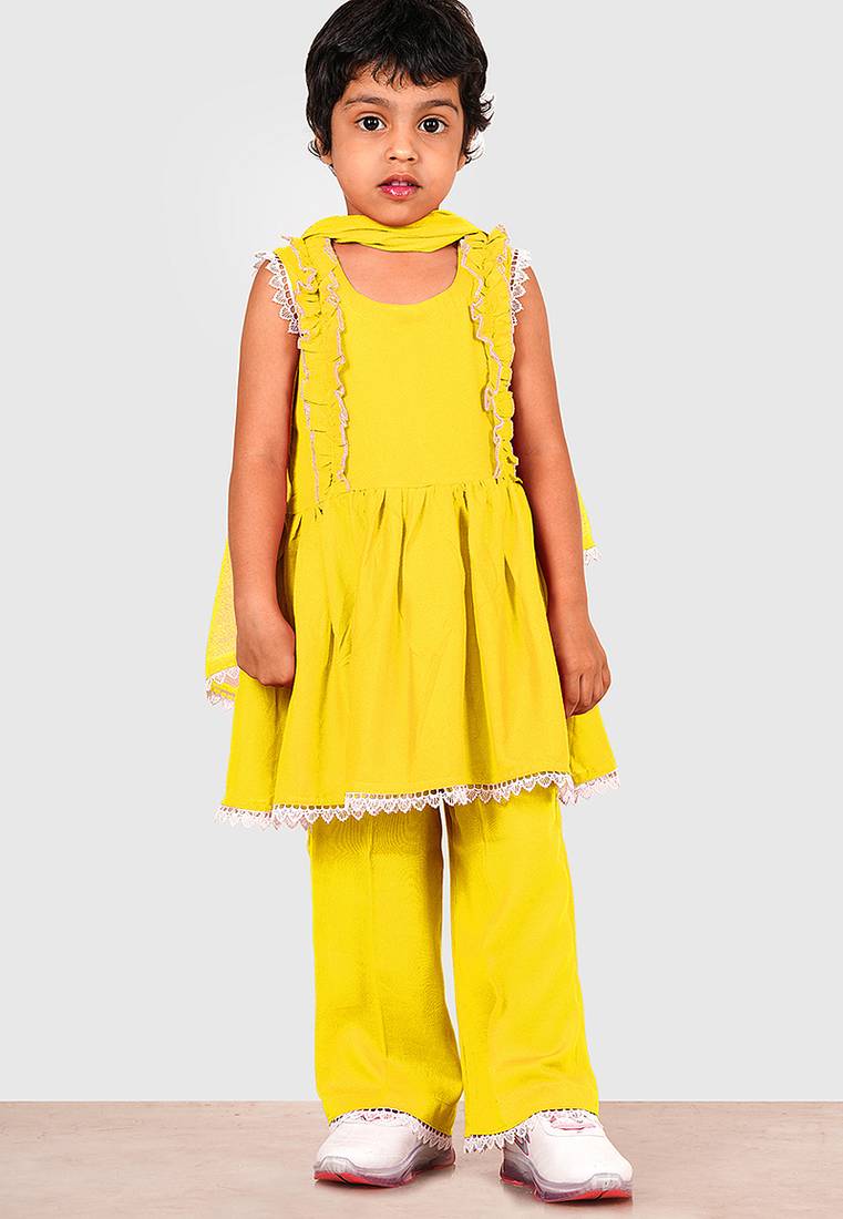 Yellow lace rayon flared kurta pant with chiffon dupatta set