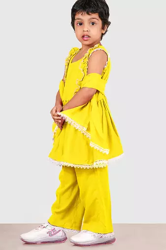 Yellow lace rayon flared kurta pant with chiffon dupatta set