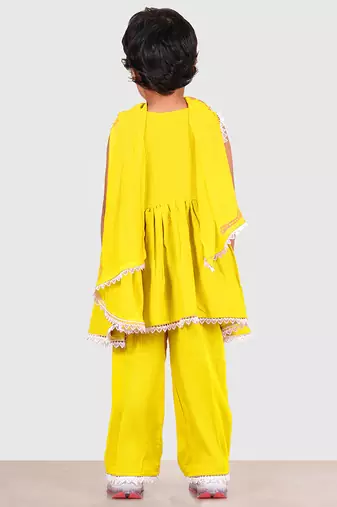 Yellow lace rayon flared kurta pant with chiffon dupatta set