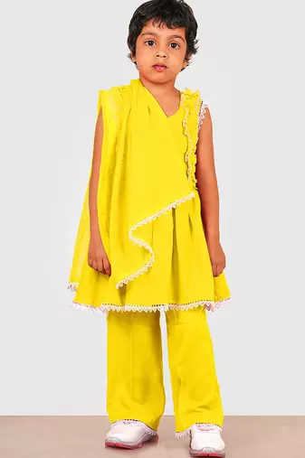 Yellow lace rayon flared kurta pant with chiffon dupatta set