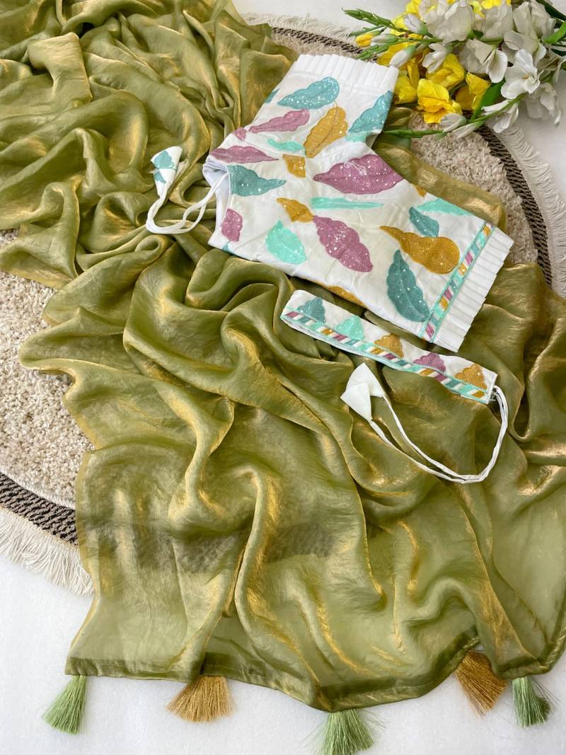 Mehndi Green Color embroidery sequence work  Silk Blend Saree