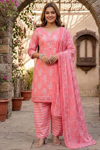 Peach printed cotton blend stitched floral print salwar kurta dupatta for women