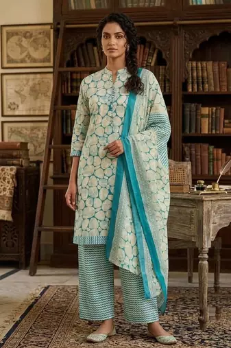 Teal printed cotton blend stitched abstract print salwar kurta dupatta for women