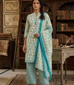Teal printed cotton blend stitched abstract print salwar kurta dupatta for women